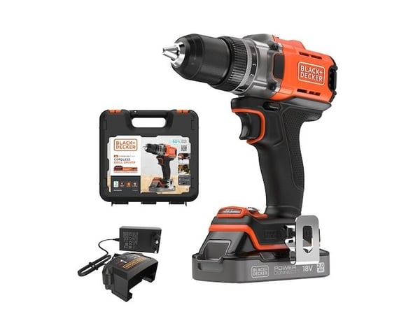batteridrevet drill/driver, 45Nm, 18V POWERCONNECT, Black & Decker [BCD382D1XK-QW] 2.0Ah, koffert