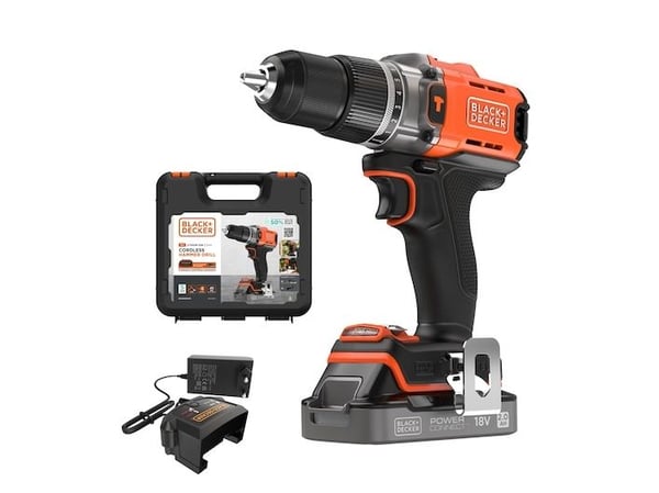 drill/driver smūginis batteri, 45Nm, 18V POWERCONNECT, Black & Decker [BCD383D1XK-QW] 2.0Ah, klasse