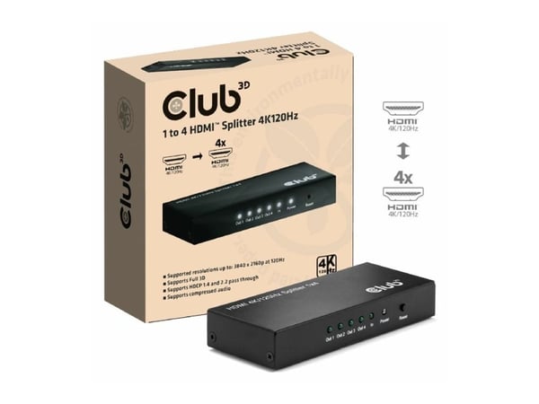 CLUB3D Umschalter, HDMI, 4x HDMI, 3840 x 2160 piksler, Sort, 4K Ultra HD, 1.4/2.2