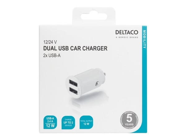 DELTACO USB-CAR125 - Bilstrømadapter - 12 watt - 2.4 A - 2 utgangskontakter (2 x USB) - hvit