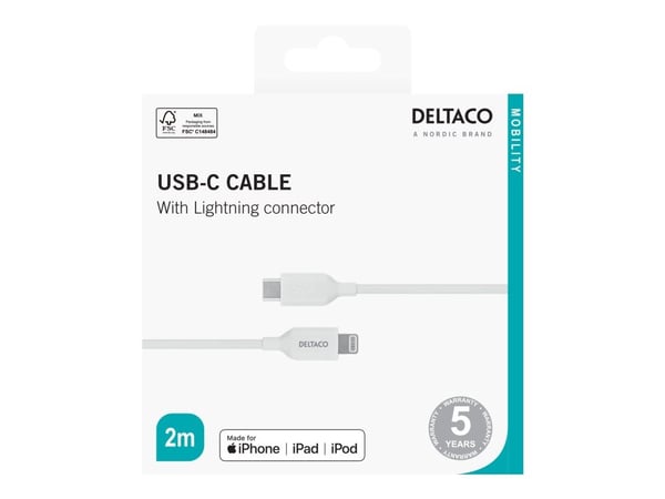 DELTACO - Lightning-kabel - USB-C hann til Lightning hann - 2 m - hvit