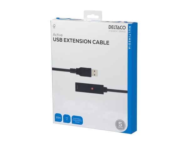 Deltaco USB jatkokaapeli, aktiivinen, USB 2.0, 20m, 20 m, USB A, USB A, USB 2.0, Uros/naaras, musta