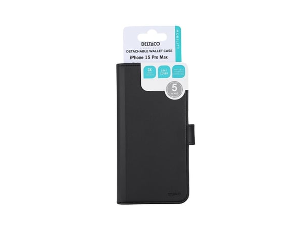 DELTACO - Lommebok for mobiltelefon - 2-i-1, magnetisk - MagSafe-samsvar - veganlær, PU-skinn (termoplastisk polyuretan + polykarbonat) - svart - f...