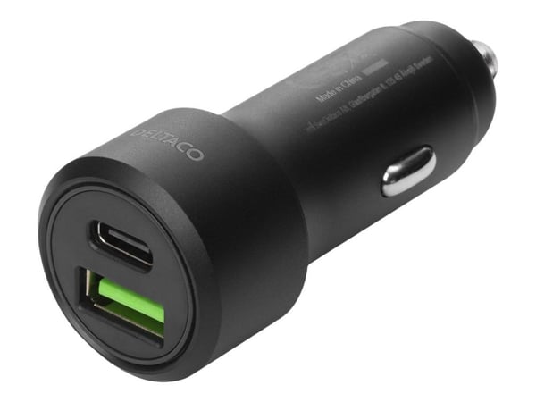 DELTACO USBC-CAR122 - Bilstrømadapter - 36 watt - 3 A - PD - 2 utgangskontakter (USB, USB-C) - svart