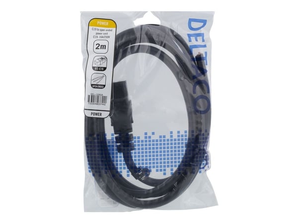 DELTACO DEL-109UA - Virtajohto - IEC 60320 C19 eristämättömälle johdolle - 230 V - 10 A - 2 m - musta