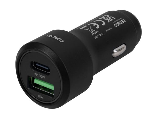 DELTACO USBC-CAR122 - Bilstrømadapter - 36 watt - 3 A - PD - 2 utgangskontakter (USB, USB-C) - svart