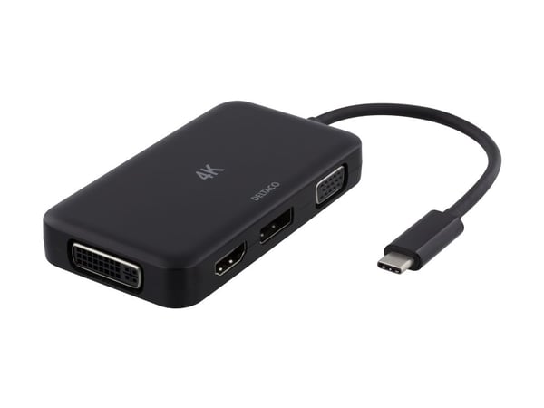 DELTACO USBC-MULTI - Ekstern videoadapter - USB-C 3.1 - DisplayPort, DVI, HDMI, VGA - svart