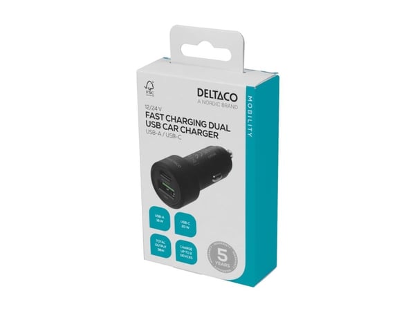 DELTACO USBC-CAR122 - Bilstrømadapter - 36 watt - 3 A - PD - 2 utgangskontakter (USB, USB-C) - svart