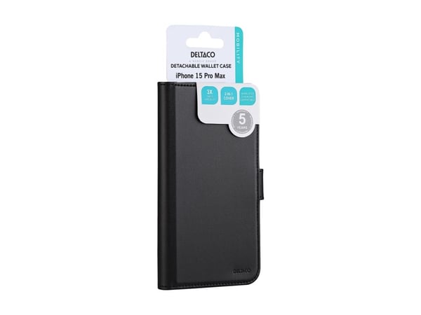 DELTACO - Lommebok for mobiltelefon - 2-i-1, magnetisk - MagSafe-samsvar - veganlær, PU-skinn (termoplastisk polyuretan + polykarbonat) - svart - f...