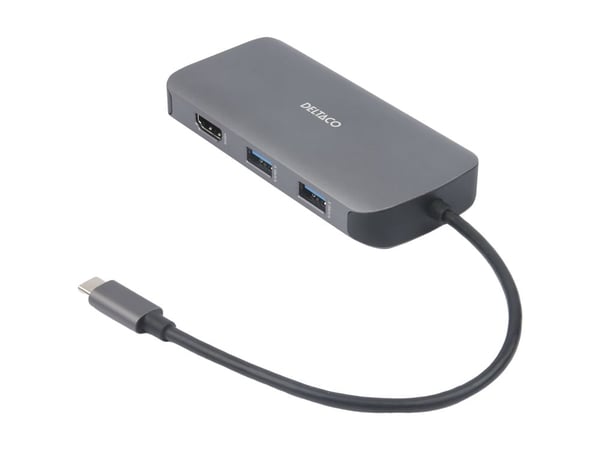 USB-C tilkoblingsstasjon DELTACO, 9in1, 3x USB-A, SD/Micro SD, RJ45, HDMI, VGA, sølv / USBC-HDMI25 / 1902420