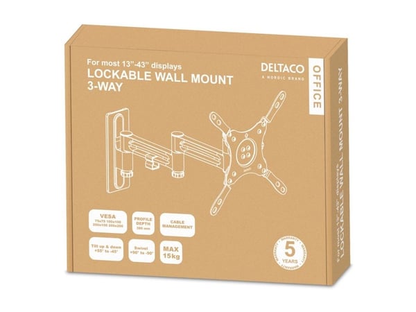 DELTACO Office ARM-0267 - Monteringssett (veggmontering, VESA-plate) - for flatpanel - låsbar - svart - skjermstørrelse: 13"-43" - RV