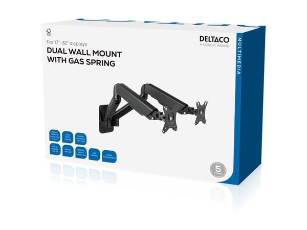 DELTACO Office ARM-0361 - Monteringssett (2 leddarmer, 2 VESA-monteringsbøyler, veggbrakett) - Gas Spring - for 2 LCD-skjermer - stål, plastikk, al...