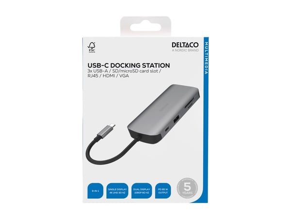 USB-C tilkoblingsstasjon DELTACO, 9in1, 3x USB-A, SD/Micro SD, RJ45, HDMI, VGA, sølv / USBC-HDMI25 / 1902420