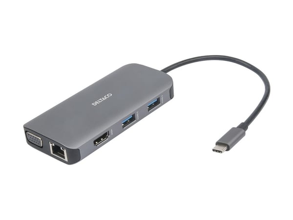 USB-C tilkoblingsstasjon DELTACO, 9in1, 3x USB-A, SD/Micro SD, RJ45, HDMI, VGA, sølv / USBC-HDMI25 / 1902420