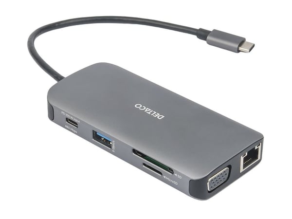 USB-C tilkoblingsstasjon DELTACO, 9in1, 3x USB-A, SD/Micro SD, RJ45, HDMI, VGA, sølv / USBC-HDMI25 / 1902420
