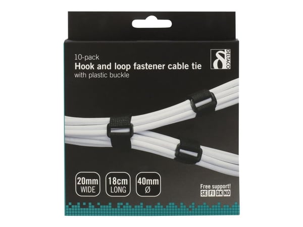Deltaco CM10S, Hook & loop cable tie, Velcro, Musta, 4 cm, 18 cm, 20 mm