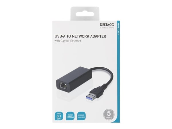 Deltaco USB 3.0 verkkosovitin, gigabit, 1xRJ45, musta, Langallinen, USB, Ethernet, 1000 Mbit/s, Musta