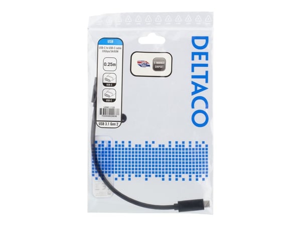 DELTACO - USB-kabel - USB-C (hann) til USB-C (hann) - USB 3.1 Gen 2 - 25 cm - svart