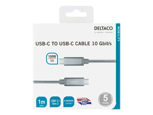 DELTACO USBC-1417M - USB-kabel - USB-C (hann) til USB-C (hann) - USB 3.1 Gen 2 - 5 A - 1 m - USB Power Delivery (5 A, 100 W) - sølv