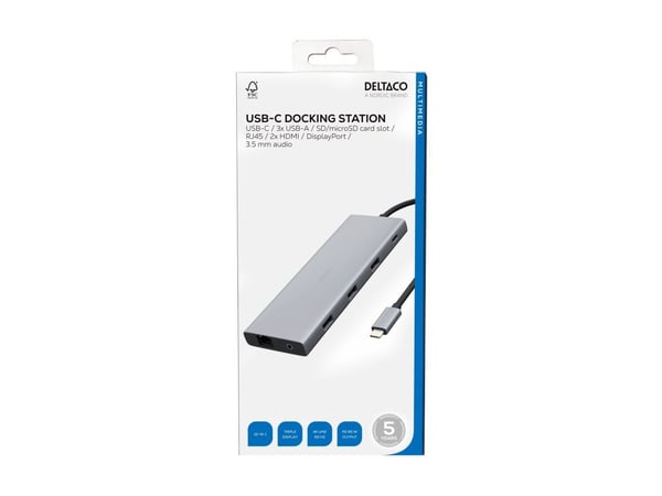 DELTACO - Dockningsstation - USB-C - 2 x HDMI, DP - 1GbE