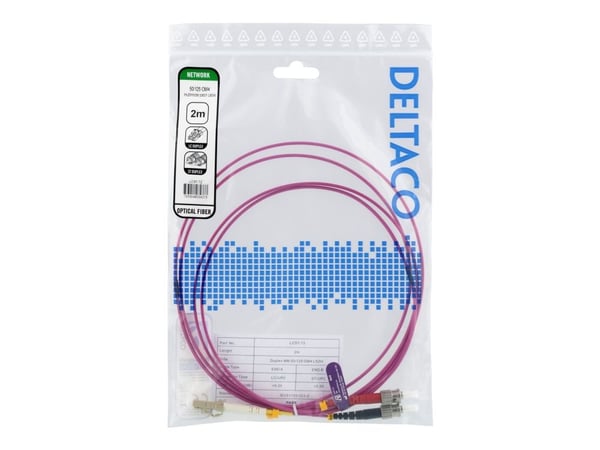DELTACO - Koblingskabel - LC/UPC-multimodus (hann) til ST/UPC-multimodus (hann) - 2 m - fiberoptisk - dupleks - 50 / 125 mikroner - OM4 - rosa