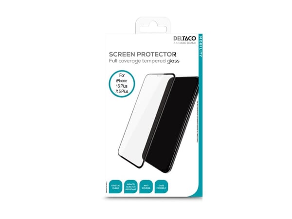 DELTACO - Skjermbeskyttelse for mobiltelefon - hel dekning - 2.5D - glass - rammefarge svart - for Apple iPhone 15 Plus, 16 Plus