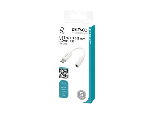 DELTACO USBC-1145 - USB-C til hodetelefons-jakkadapter - USB-C hann til 4-polsminijakk hunn - 11 cm - hvit - aktiv