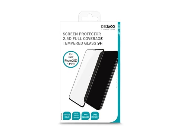 DELTACO - Skjermbeskyttelse for mobiltelefon - full dekning, 9H - 2.5D - glass - rammefarge svart - for Apple iPhone 15 Pro
