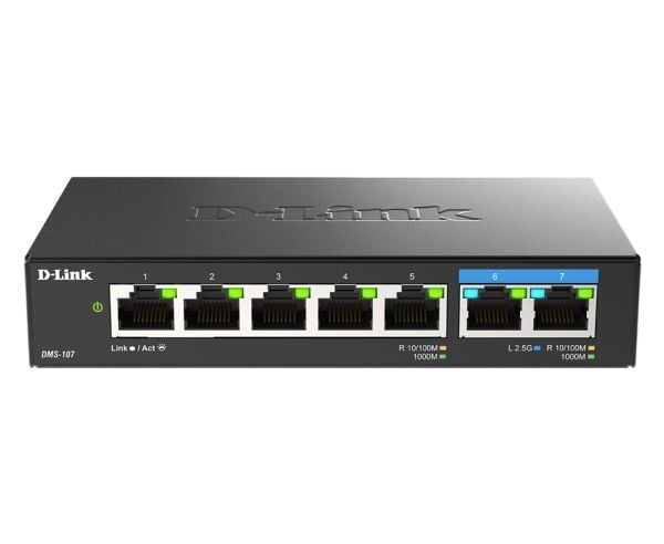 D-Link DMS-107 - Switch - ohanterad - 5 x 10/100/1000 + 2 x 2.5GBase-T - skrivbordsmodell, väggmonterbar