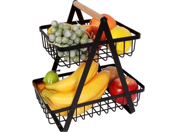 Vilde frukt- og grønnsakskurv, metall, 2-etasjes, sort loft 27x17,5x29 cm