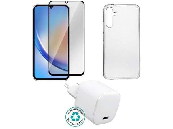 eSTUFF - Tilbehørssett for mobiltelefon - charger, cover, glass, brown box - for Samsung Galaxy A35