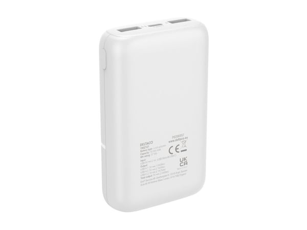 DELTACO - Strømbank - 10000 mAh - 37 Wh - 10.5 watt - 2.1 A - 3 utgangskontakter (2 x USB, USB-C) - hvit