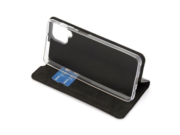 Wave BookCase -suojakotelo, Samsung Galaxy A12, musta