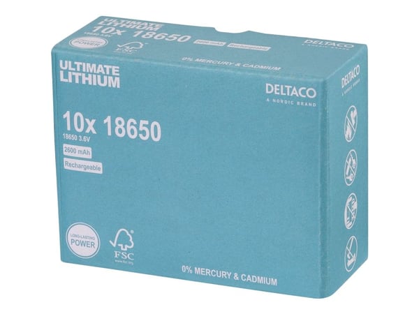 Deltaco Ladattava Ultimate Lithium -akku, 18650, 2600 mAh, 10 akun pakkaus, Ladattava akku, Litium, 3,6 V, 10 kpl, 2600 mAh, Sininen