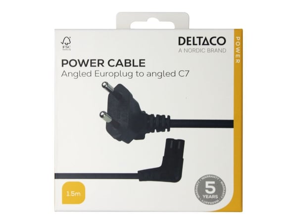 DELTACO - Strömkabel - Eurokontakt till power IEC 60320 C7 vinklad - 1.5 m - svart
