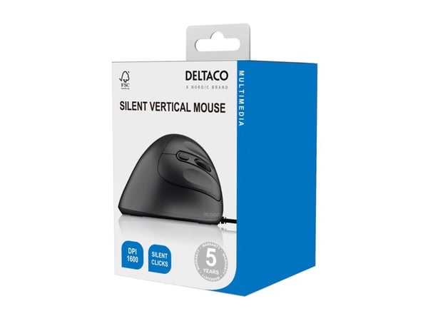 DELTACO MS-814 - Vertikal mus - ergonomisk - stille, 1000 - 1600 dpi - 4 knapper - kablet - USB - svart - hengeboks