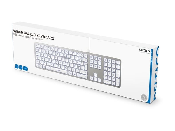 DELTACO TB-904 - Tastatur - lav profil, aluminium - full size - bakgrunnsbelyst - USB, USB-C - QWERTY - Nordisk - sølv, hvit