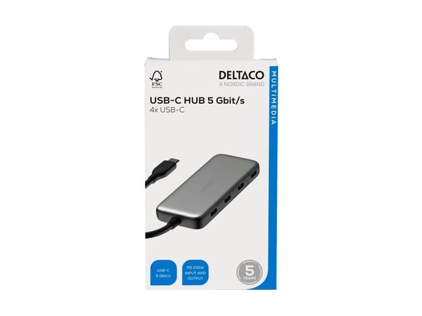 USB-C-hub, 5 Gbps, 4x USB-C, PD-inngang 100 W