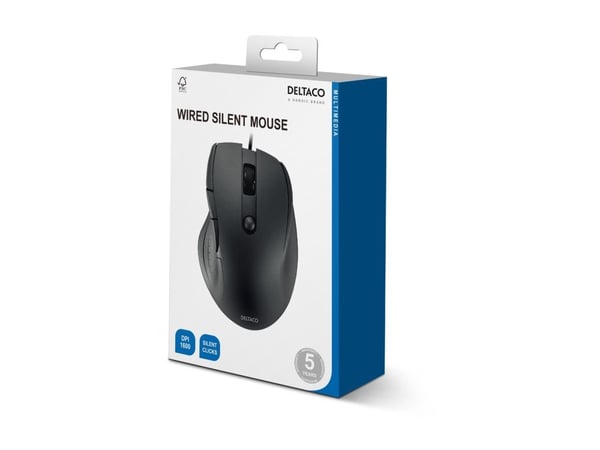DELTACO - Mus - stille, 600-1600 dpi, kontor - 5 knapper - kablet - USB - svart - hengeboks