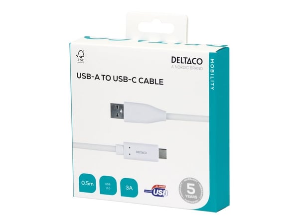Deltaco USBC-1008M, 0,5 m, USB C, USB A, USB 2.0, Valkoinen