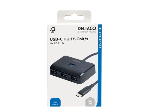 DELTACO - Hub - 5 Gbps, USB-C - 4 x USB - stasjonær