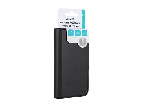 DELTACO - Lommebok for mobiltelefon - 2-i-1, magnetisk - MagSafe-samsvar - veganlær, PU-skinn (termoplastisk polyuretan + polykarbonat) - svart - f...
