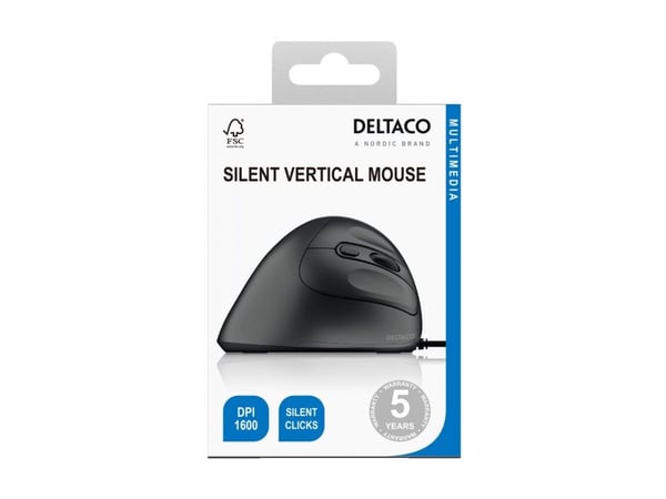 DELTACO MS-814 - Vertikal mus - ergonomisk - stille, 1000 - 1600 dpi - 4 knapper - kablet - USB - svart - hengeboks