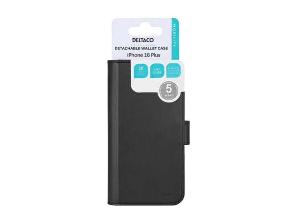 DELTACO - Lommebok for mobiltelefon - 2-i-1, magnetisk - MagSafe-samsvar - veganlær, PU-skinn (termoplastisk polyuretan + polykarbonat) - svart - f...