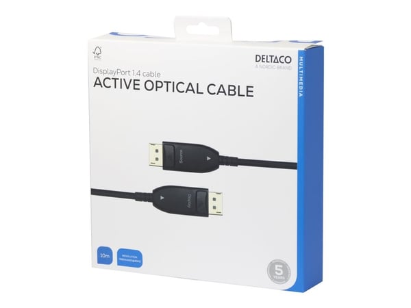 DELTACO - DisplayPort-kabel - 10 m - Active Optical Cable (AOC), 8 K 30 Hz (7680 x 4320) støtte, ensrettet - svart