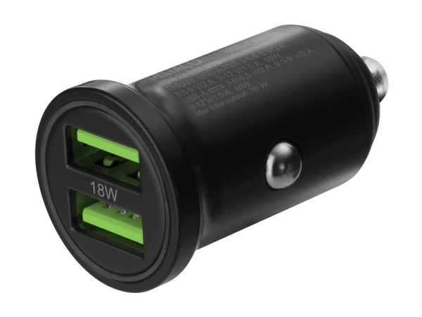 DELTACO USB-CAR128 - Bilstrømadapter - 36 watt - 3 A - 2 utgangskontakter (USB) - svart