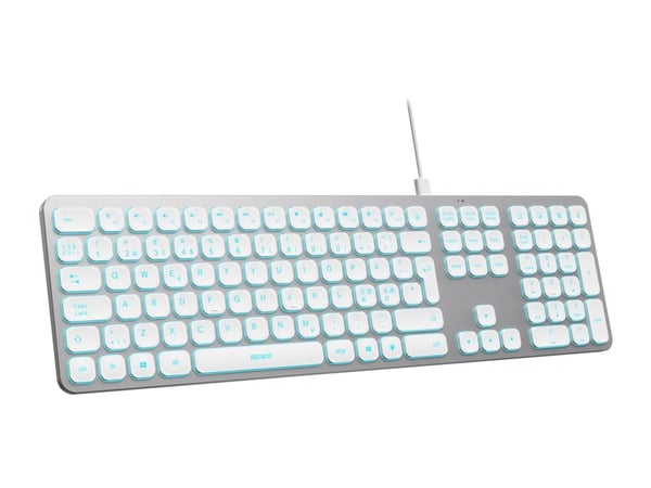 DELTACO TB-904 - Tastatur - lav profil, aluminium - full size - bakgrunnsbelyst - USB, USB-C - QWERTY - Nordisk - sølv, hvit