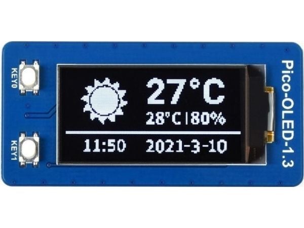 OLED-skjerm 1,3" 64x128px, SPI/I2C, svart/hvit for Raspberry Pi Pico, Waveshare 19376