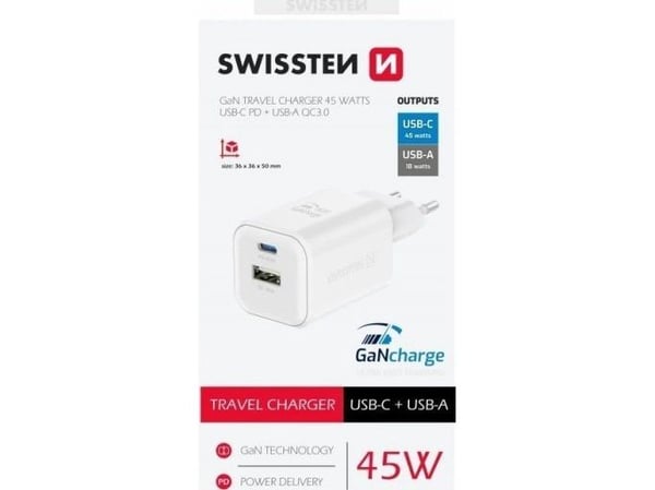 Swissten reiselader GaN USB-C / PD USB-A / 18W QC / 45W