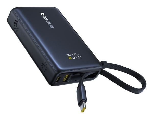 Baseus PicoGo - Strømbank - with built-in USB-C cable - 10000 mAh - 45 watt - Fast Charge - 3 utgangskontakter (2 x USB-C, USB) - kosmisk svart